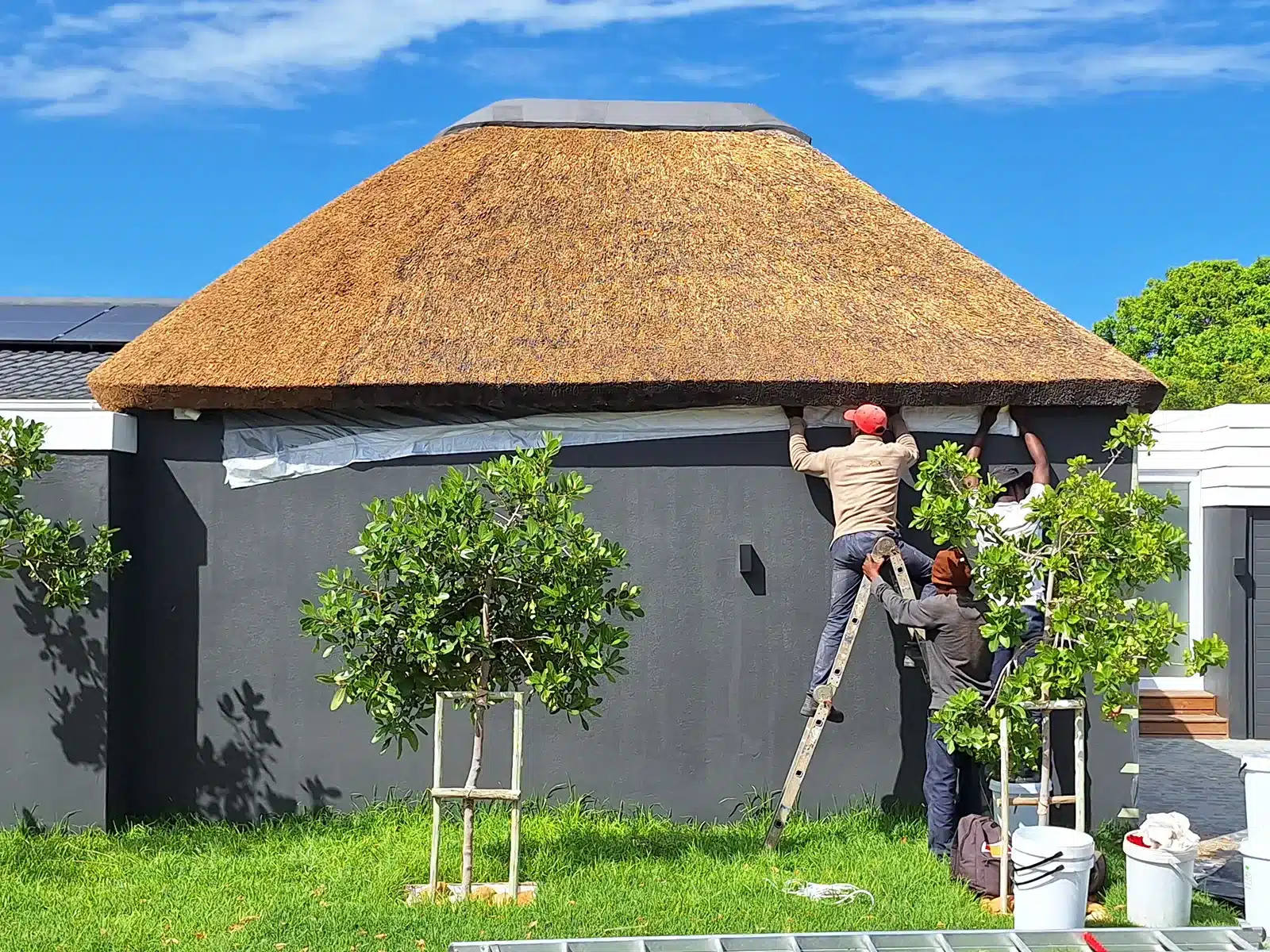 Traditional Thatch Roof staff waterproofing a thatch roof.